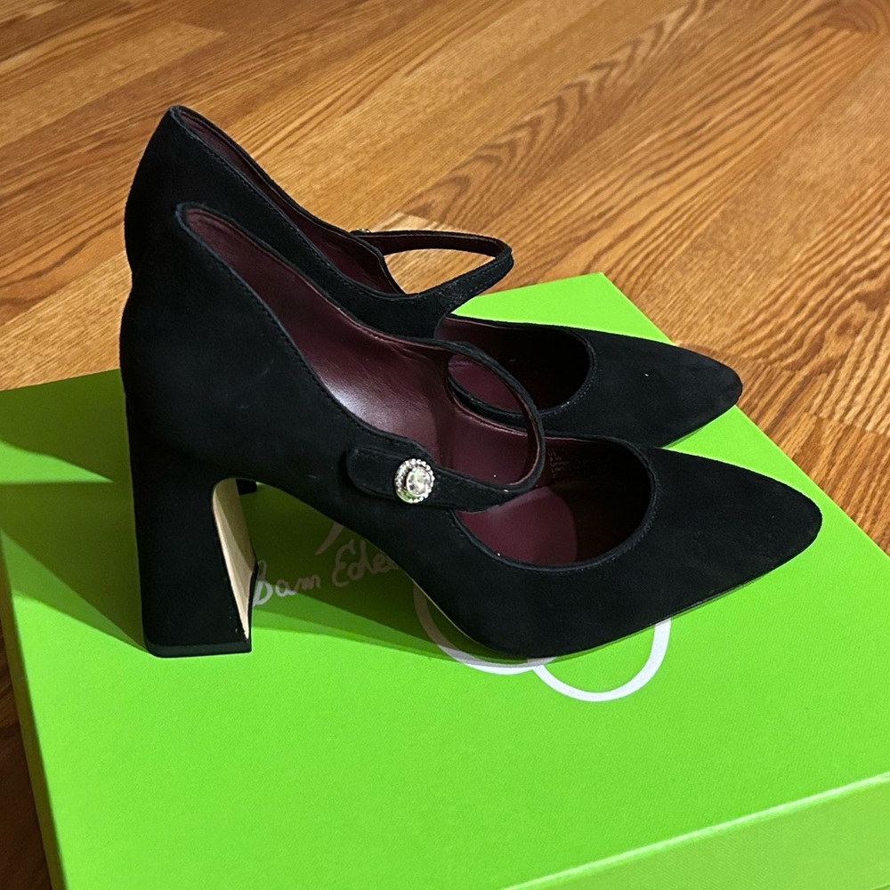 Kate Spade Marcy Suede leather Logo Mary Jane Angled Block Heel Pumps